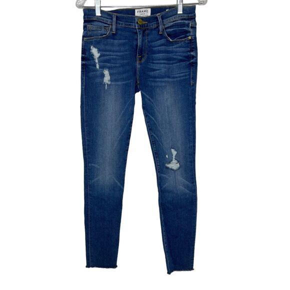 Frame Le Skinny De Jeanne Raw Hem Distressed Jeans Size 27 Women's - Picture 1 of 10